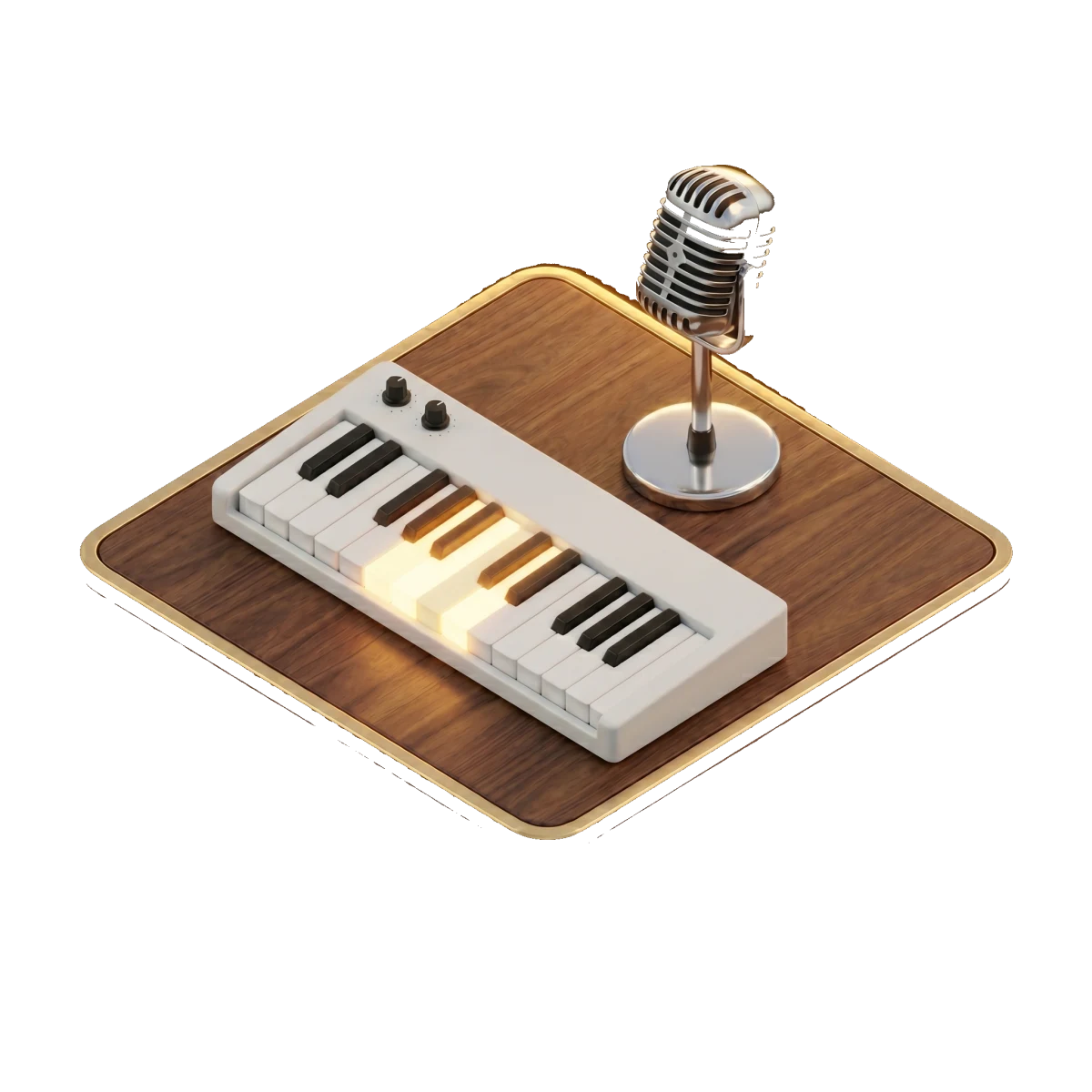 Stiliserat piano och vintage-mikrofon på en träplatta